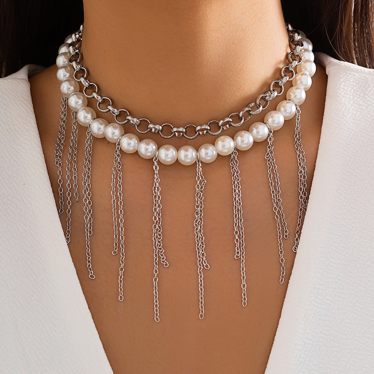 Pearl Tassel Fun Design Double-layer Retro Necklace Women's Accessories